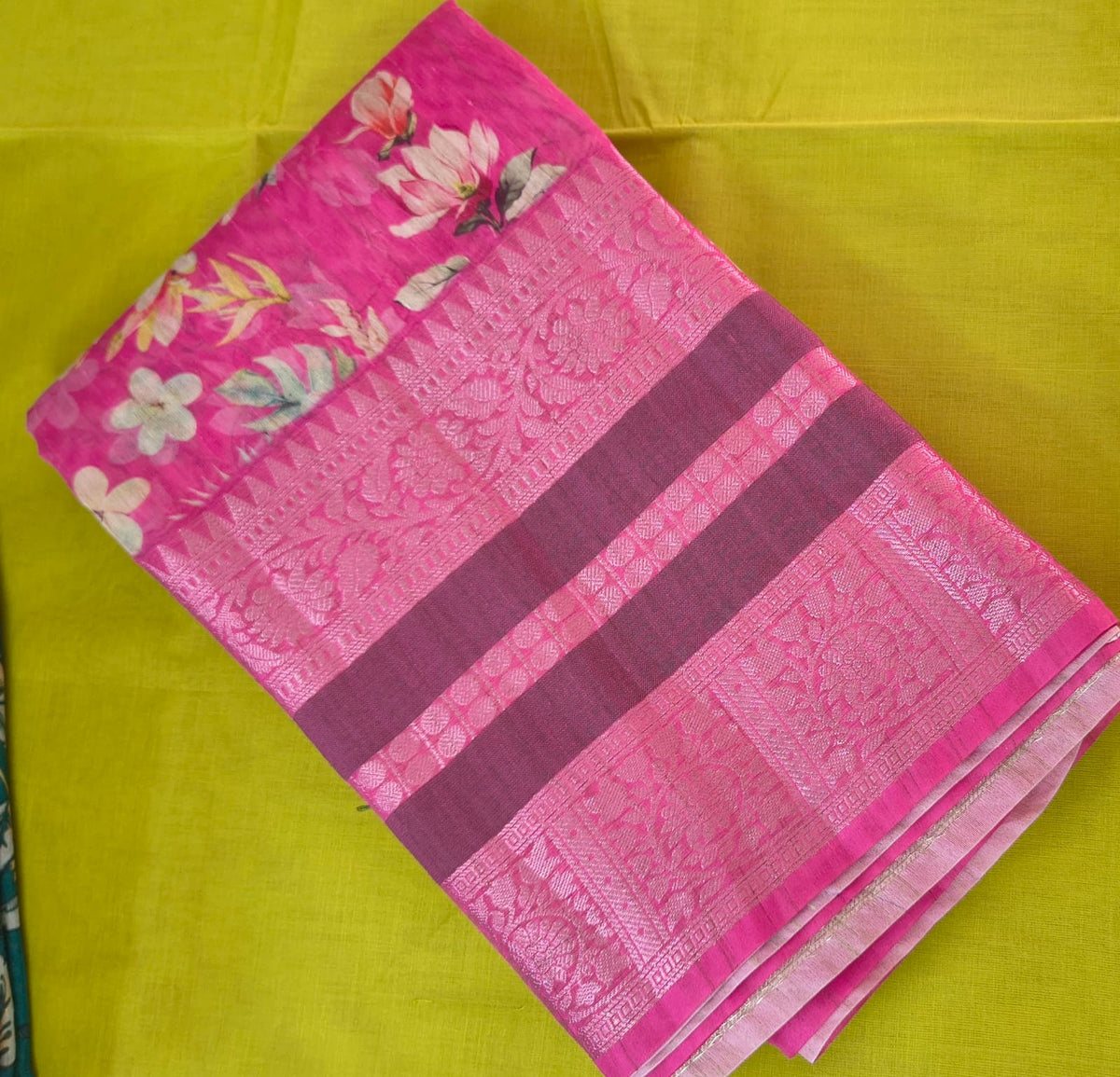 Raw Silk Saree with Blouse – Floral Print Saree