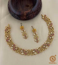 Gold Plated Geometric Floral Choker Necklace Set with Drop Earrings