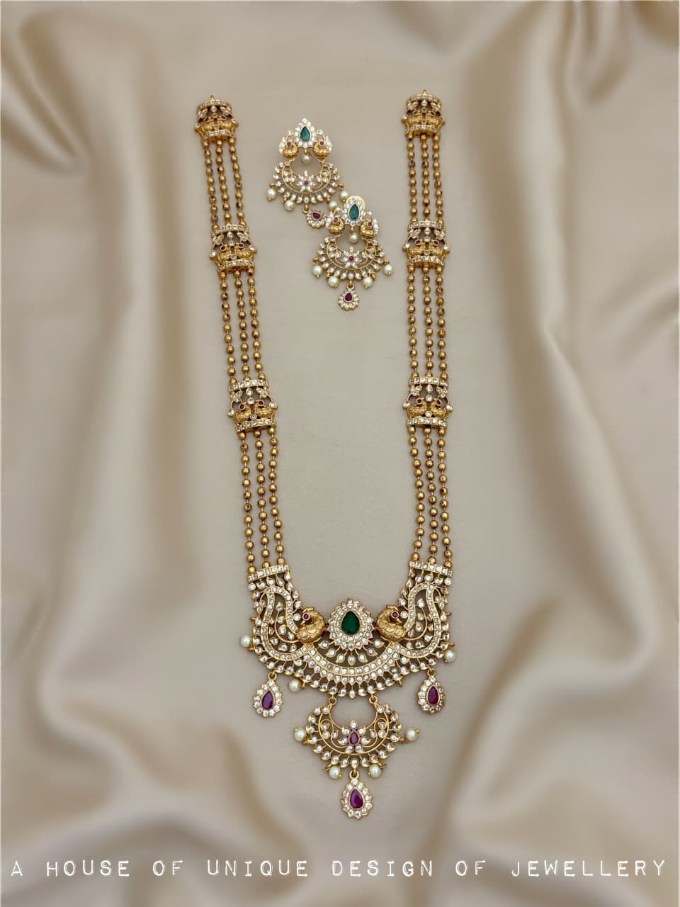 Royal South Indian Bridal Matte Gold 3-Layer Peacock Haram Set