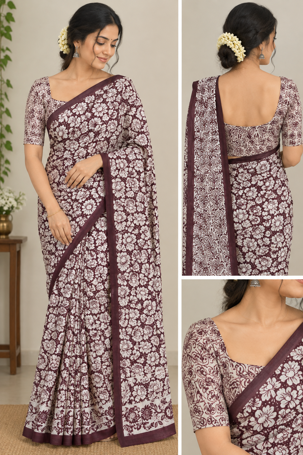 Kalamkari Cotton Saree with Blouse – Floral Print