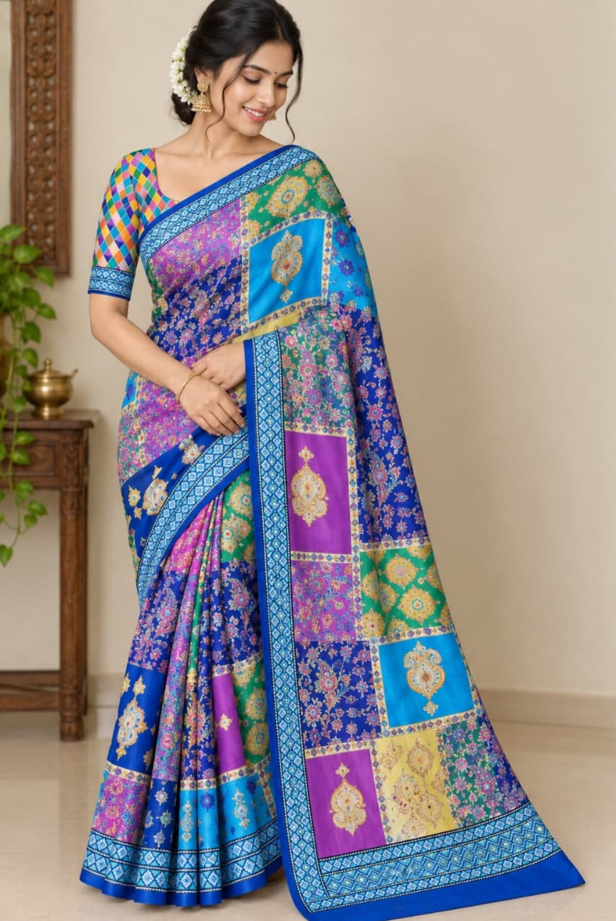 Fancy Mirror Saree with Blouse – Patchwork Print